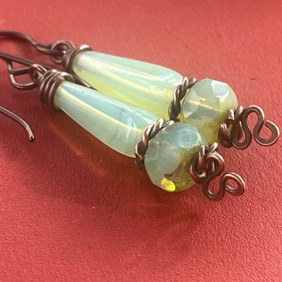 Elegant Tea Green Opalite Dangle Earrings, Wire Wrapped Drop Earrings - Picture 2 of 4